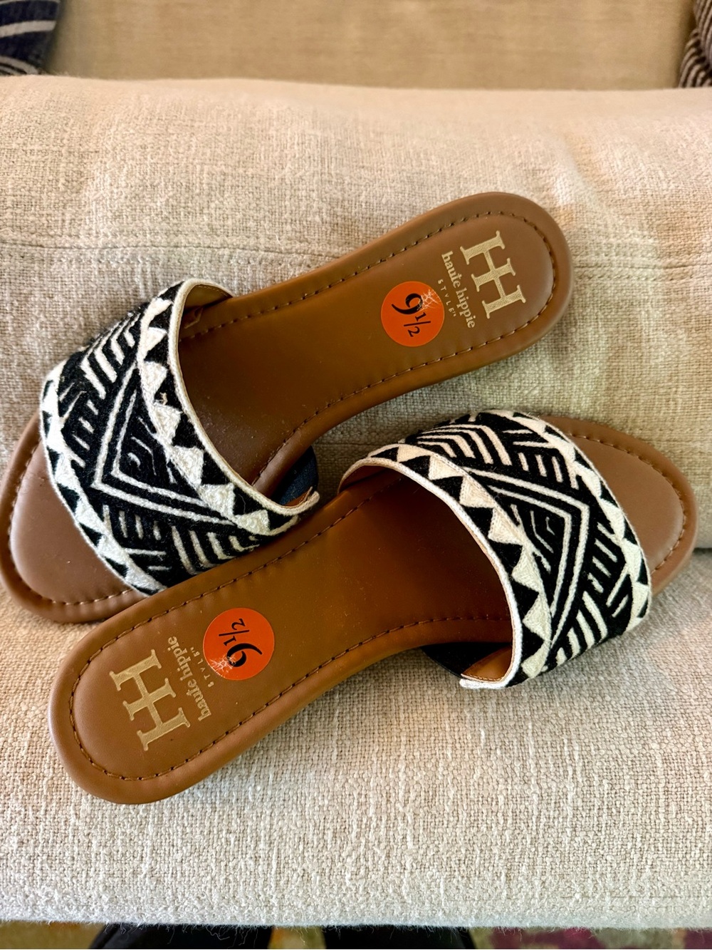Haute Hippie Black & White Geometric Slide Mules